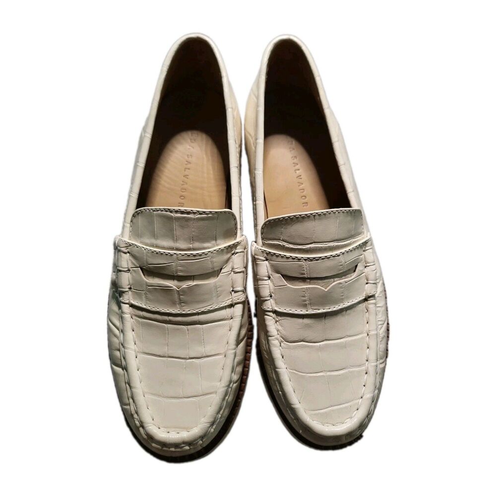 Freda Salvador Penny Loafers in Cream Embossed Croc Leather | Women Size 9M